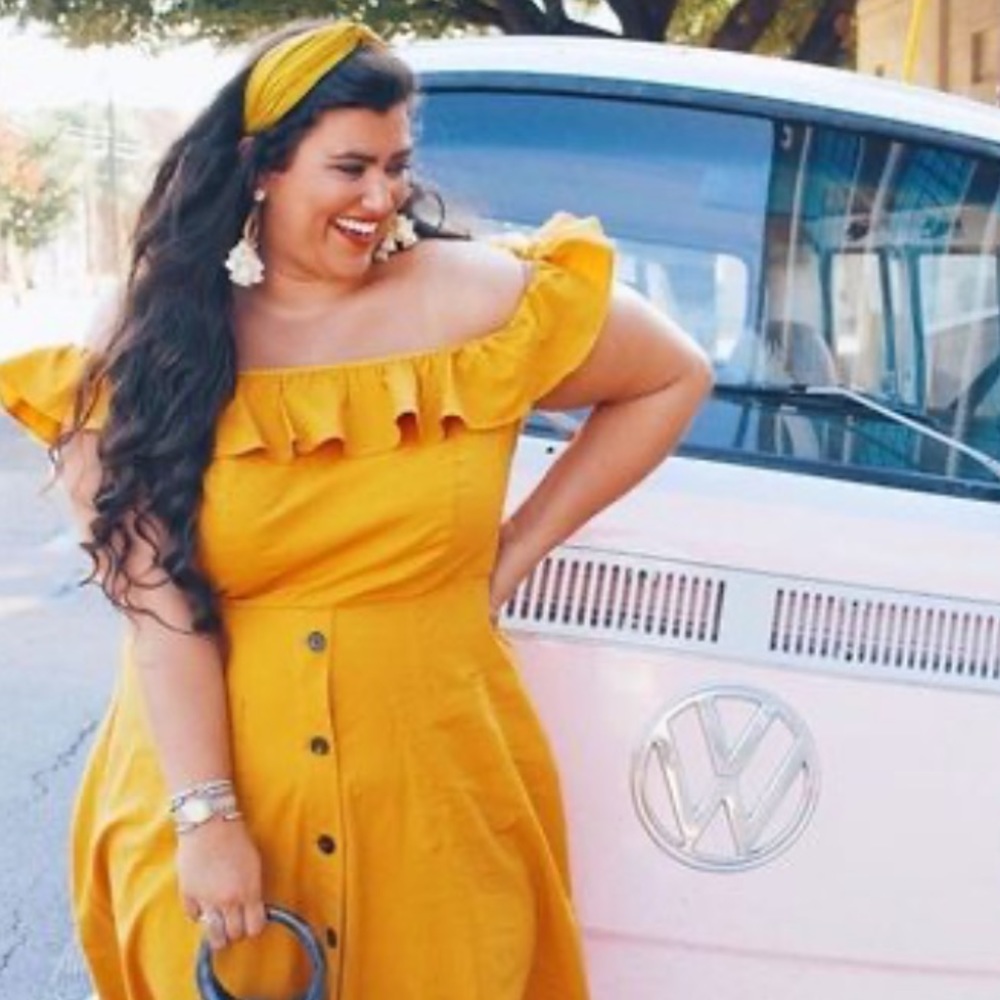 Eloquii Mustard Off The Shoulder Ruffle Dress - Picture 2 of 12